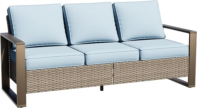 75" Patio Metal Wicker Sofa, All Weather Outdoor Rattan 3-Seat Sofa Couch with Premium Cushions & Rectangular Framed Wood-Looking Metal Armrest for Garden Backyard Porch Deck, Baby Blue