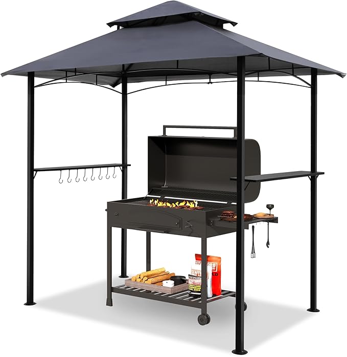 GARTOO 8'x5' Outdoor Grill Gazebo - Double Roof BBQ Gazebo Canopy with 2 Side Shelves and LED Lights, Patio BBQ Pergola Shelter for Garden, Porch and Backyard (Grey)