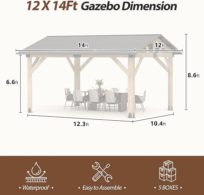 12' × 14' Wood Gazebo, Outdoor Cedar Hardtop Wooden Frame Gazebos with Galvanized Steel Roof for Garden, Patio, Deck