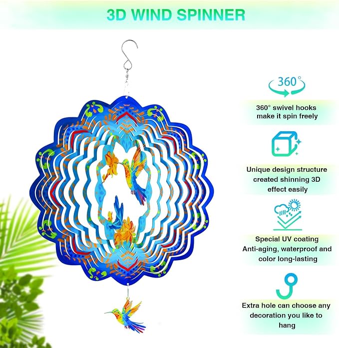 Wind Spinners,12 inch Hummingbird with 360° Swivel Hook for Yard and Garden, Bird Wind Catcher, Metal Wind Spinners Outdoor for Lawn Hanging Crafts Decor Kinetic Yard Art Ornament Gifts