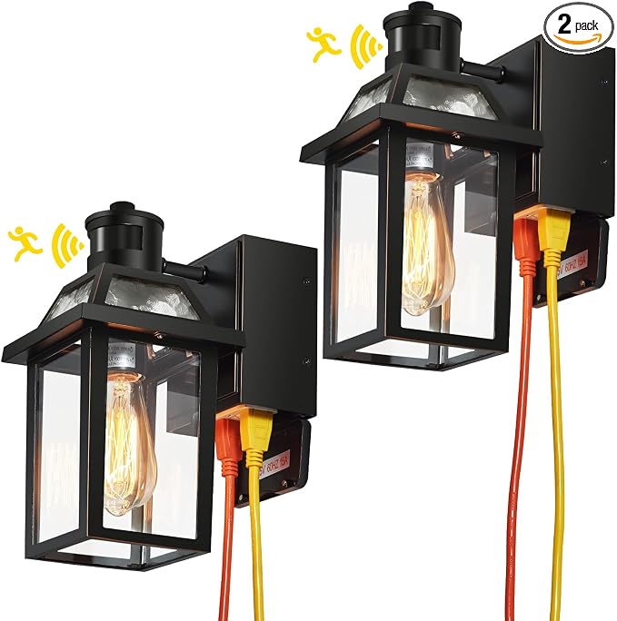 Yisuro Porch Lights with GFCI Outlet, Dusk to Dawn Motion Sensor Outdoor Light, 3 Lighting Modes Exterior Fixture, Outside for House Front Door Patio Garage(2 Pack Black)