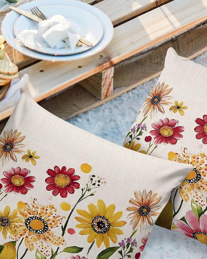 Outdoor Waterproof Pillow Covers for Patio Furniture Pink Purple Floral Decorative Throw Pillow Cover Red Yellow Flowers Pillowcases Set of 2 Cushion Case for Sofa Couch Chair Home Decor 18"x18"