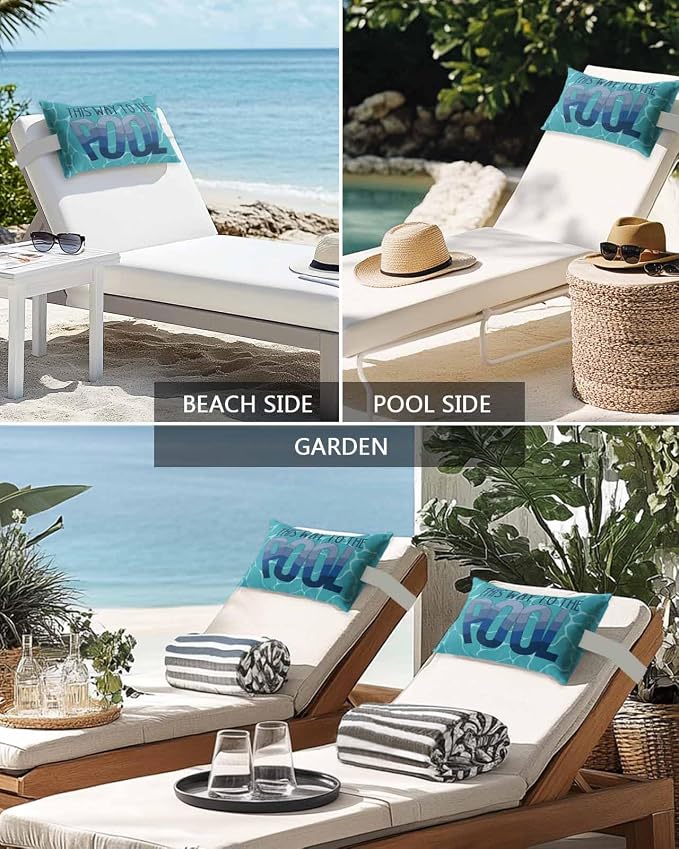 Outdoor Pillows Covers with Inserts Summer Swimming Pool Ocean Waves Waterproof Recliner Pillow with Adjustable Strap Throw Pillows for Patio Furniture Pool Lounge Chair, 11x16 inch, 1PCS