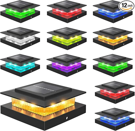 4x4 Post Solar Lights Color Changing,Solar Post Light,12 Pack Black | RGB Solar Post Cap Lights for 4x4 Post Caps Wood Vinyl,IP44 Waterproof Fence Post Solar Lights Outdoor, Solar Deck Post Light