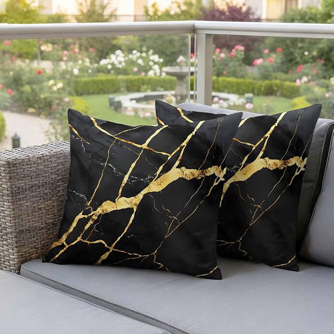 Outdoor Waterproof Pillow Covers 18x18Inch Marble Texture Throw Pillowcases for Patio Garden Couch Sofa Gold Line Black Decorative Cushin Case,Pack of 2
