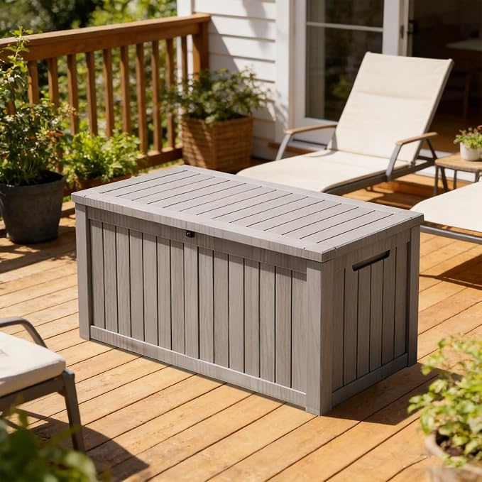 120 Gallon Outdoor Deck Boxes, IP68 Waterproof Outdoor Storage Box with Hydraulic Lid Support, Outside Resin Container for Furniture, Toy, Shoe, Garden & Patio Tools Storage -Brown