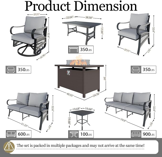12-Piece Outdoor Furniture Set, Metal Swivel Rocking Chairs with All-Weather Cushions, Patio Conversation Set with Fire Pit Table for Deck, Porch, Garden, Backyard, Poolside (Gray Cushions)