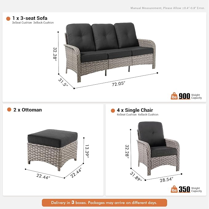 7-Piece Outdoor Patio Furniture Set with Ottomans 3 Seater Couch,All Weather Wicker Rattan Patio Seating Sofa and Chair Set with Ottomans,Outdoor Conversation Sets for Porch Deck Yard,Black