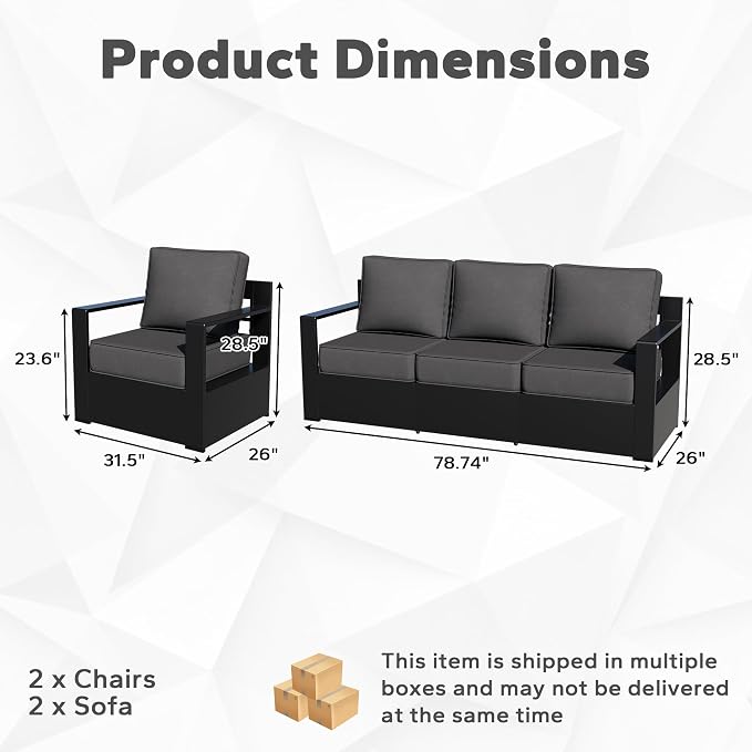 Outdoor Aluminum Furniture Set, 4-Piece Patio Conversation Set, 2 Swivel Chairs and 2 Sofa, All-Weather Metal Frame, 6" Thick Removable Cushions, Deep Setting for Garden, Poolside and Porch