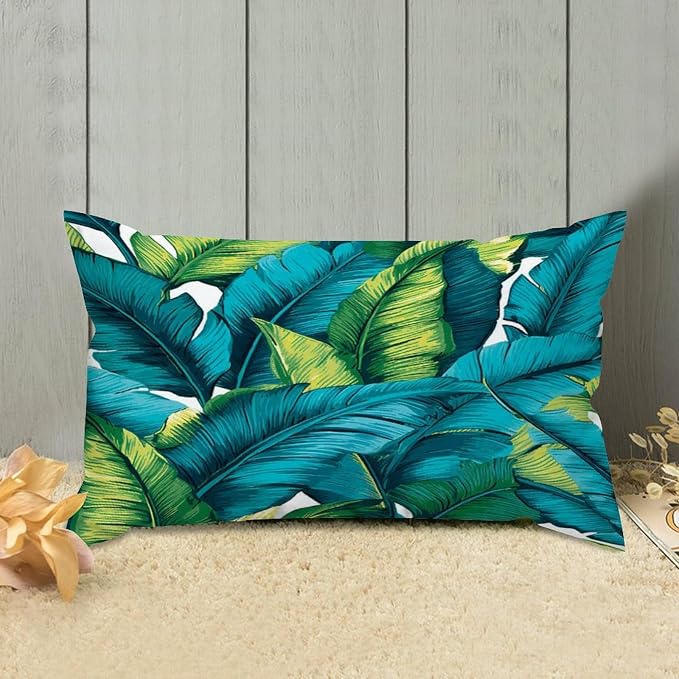 Set of 2 Turquoise Lime Green Teal Blue Aqua Tropical Plants Cushion Cover Case with Zipper 12x20in Canvas Pillow Cover Rectangle Pillow Case for Couch Bed Car Pub Coffee Bar Living Room Decor