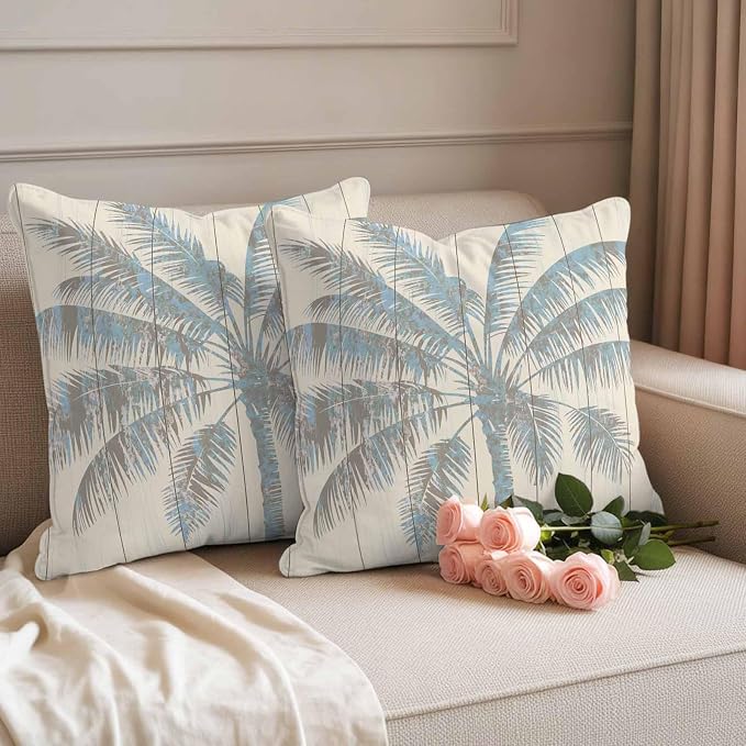 Pack of 2 Blue Beige Palm Tree Outdoor Pillow Covers Decorative, Summer Tropical Botanical Waterproof Pillow Protector, Vintage Throw Pillowcases Accent Cushion Cases for Patio Couch Sofa 26"x26"