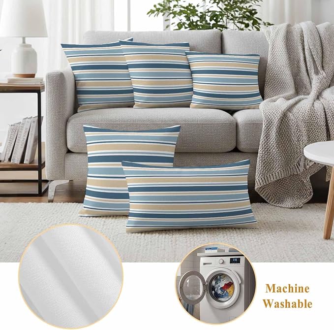 Khaki Blue Striped Outdoor Pillow Cover 16x16 Inch Cushion Sham Case, Farmhouse Stripes Modern Abstract Art Waterproof Decorative Square Throw Pillowcase for Outside Garden Patio Porch Couch Chair