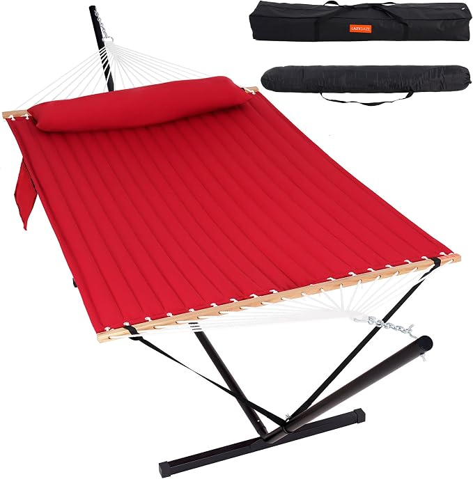 Lazy Daze Hammocks 2 Person Portable Hammock with 12FT Stand for Outside, 10.5FT Quilted Double Hammock with Spreader Bar and Detachable Pillow, 450lbs Capacity for Outdoor Patio, Burgundy