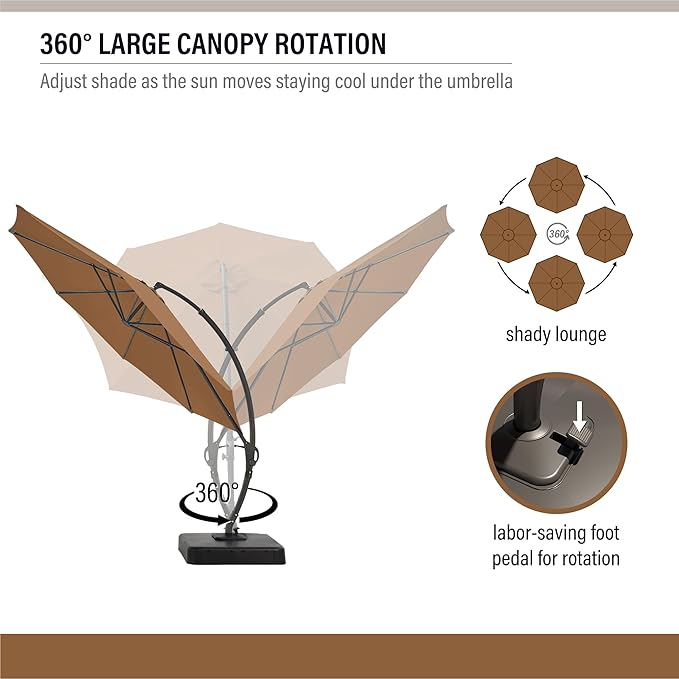 LAUSAINT HOME 12ft Patio Cantilever Umbrella with Base Included, Outdoor Curvy Round Offset Umbrella, Heavy Duty Aluminum, 360° Rotation for Pool, Deck, Lawn, Backyard (Tan)
