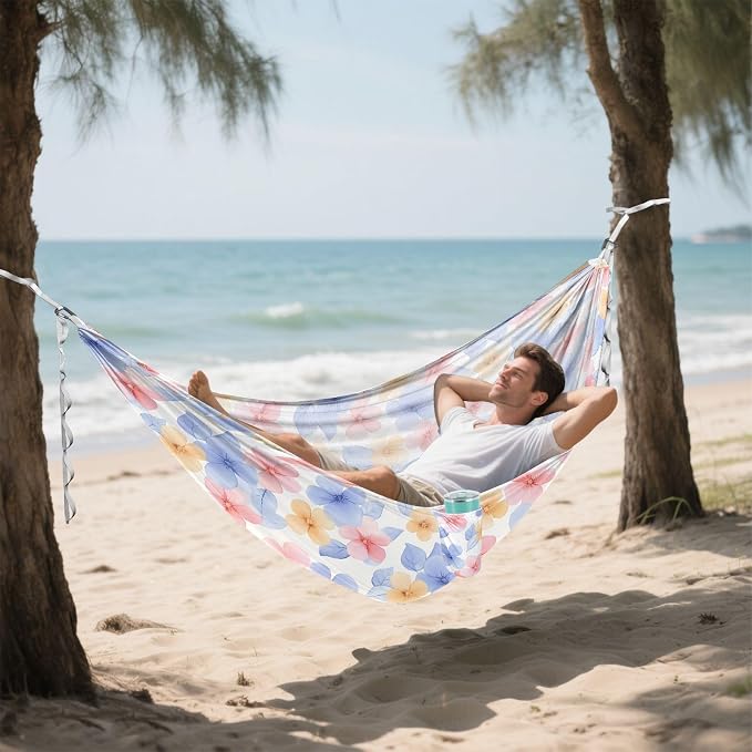 Camping Hammock Outdoor Hammocks for Outside Pink Blue Flower Fresh Beach Trees Portable Lightweight with Pockets Tree Straps Indoor