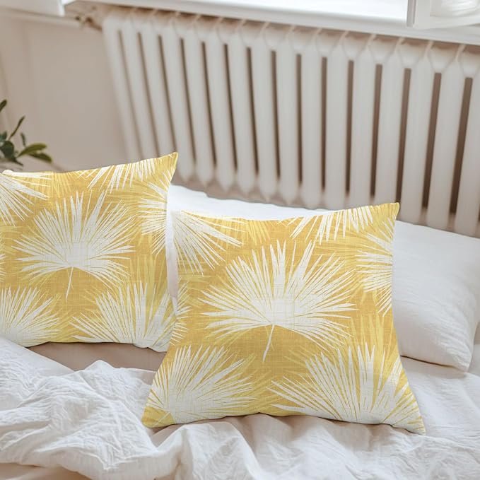 Throw Pillow Covers 24x24 Inch Set of 2, Yellow Palm Leaves Coastal Waterproof Outdoor Pillow Covers, Summer Tropical Botanical Boho Decorative Cushion Pillowcases for Couch, Sofa, Bed, Garden, Patio
