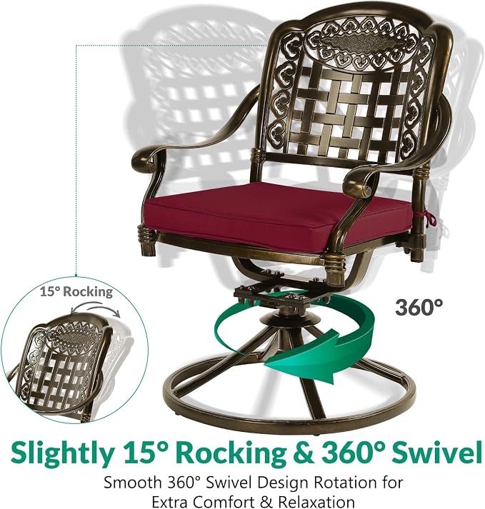 VIVIJASON 9-Piece Outdoor Dining Set, Cast Aluminum Patio Table & Chair Furniture Set for 8, Include Large 64" Square Dining Table, 4 Swivel Rocker Chairs, 4 Stationary Chairs, Umbrella Hole, Red