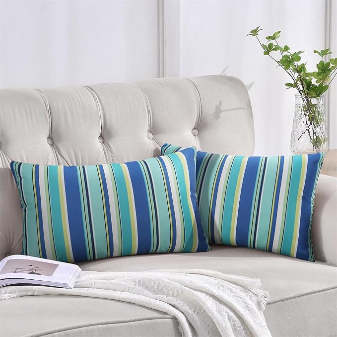 Adabana Patio Striped Outdoor Pillow Covers Waterproof Set of 2, 12"x20" | Colorful Decor, Blue Outdoor Pillows for Patio Furniture Garden Porch