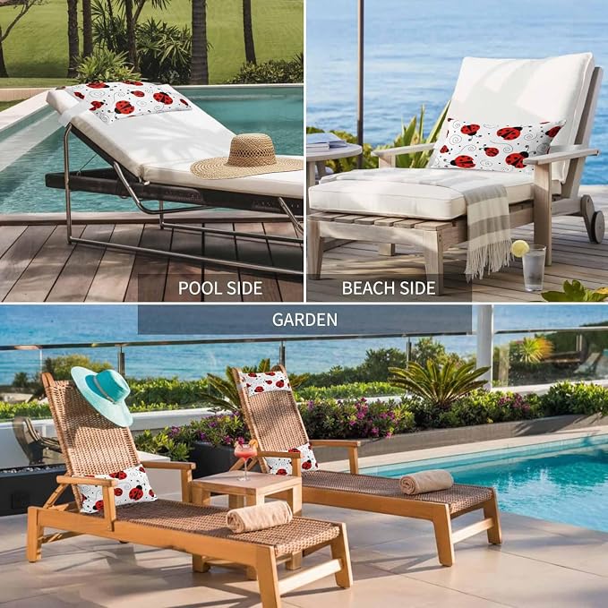 Red Ladybug Seamless Chaise Lounge Head Pillow, Funny Cartoon Animal Waterproof Outdoor Chair Pillow with Strap&Insert for Garden Beach Pool Recliner, 11x16in, 1PCS