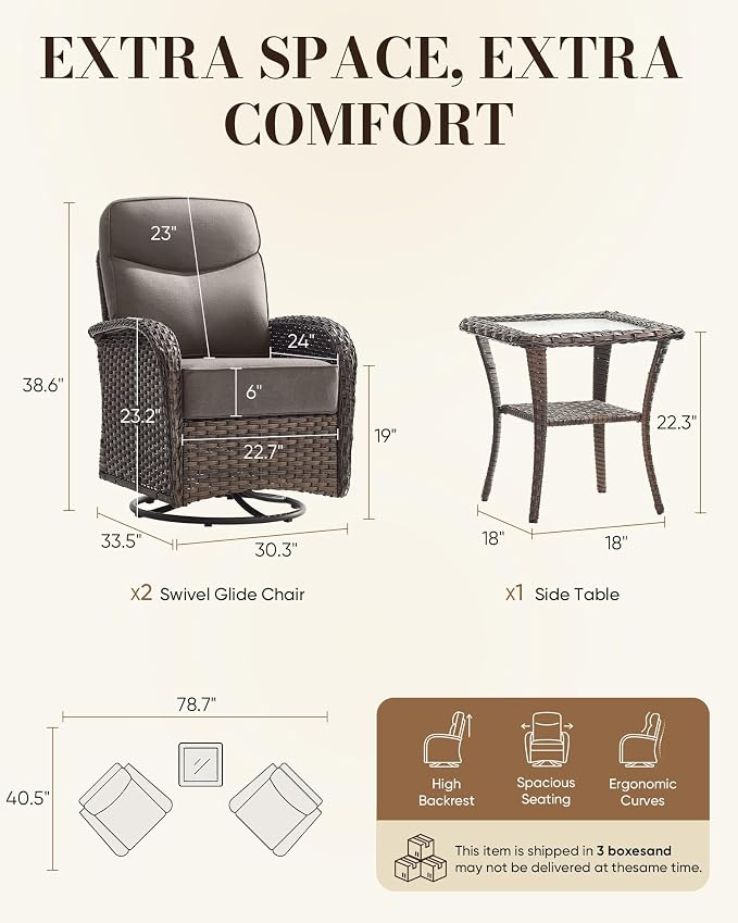 Belord Upgraded 6“ Cushion Luxury 3 Pieces Patio Furniture Set - All Weather Wicker Outdoor Swivel Rocker Patio Chairs of 2 with Side Table, High Back Glider Chairs Set for Deck Porch - Brown/Grey
