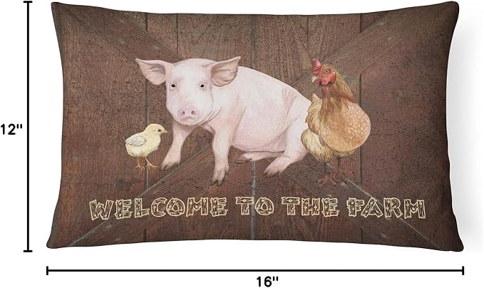 Caroline's Treasures SB3083PW1216 Welcome to the Farm with the pig and chicken Canvas Fabric Decorative Pillow 100% Machine Washable Pillow, Indoor or Outdoor Decorative Throw Pillow for Couch, Bed or