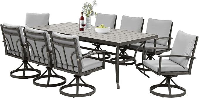 HAPPATIO 9-Piece Patio Outdoor Dining Set - All Aluminum Patio Table and Chairs Set for 8 Includes 1 Rectangular Dining Table and 8 Swivel Dining Chairs with Cushions for Lawn, Garden