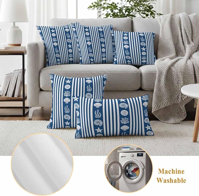 Striped Outdoor Waterproof Throw Pillow Covers Set of 2, 20"x12", Ocean Navy Blue Starfish Shell Jellyfish Coral Decorative Pillow Covers Outside Cushion Case for Patio Porch Garden