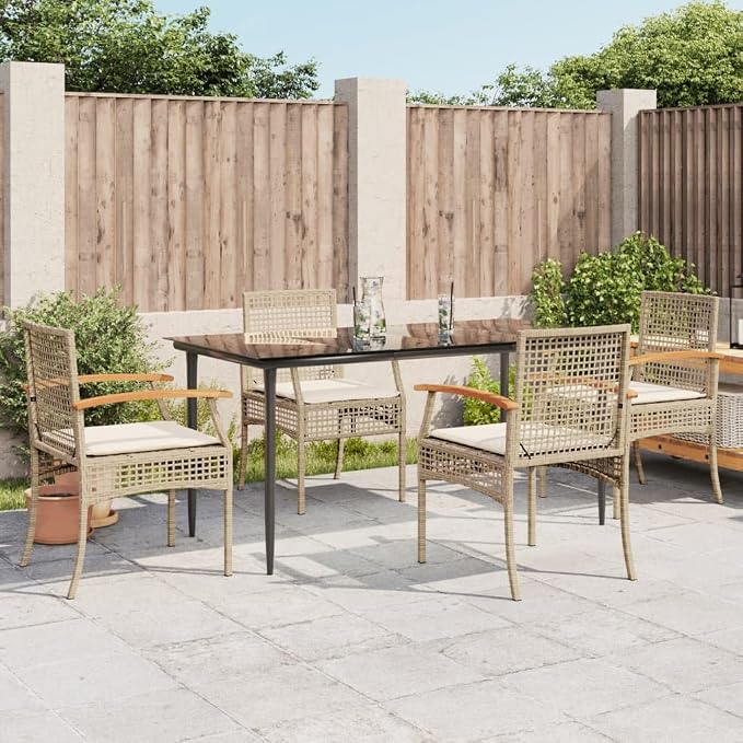 5 Piece Patio Dining Set with Cushions Beige Poly Rattan Outdoor Table and 4 Chairs for Backyard Garden Deck Relaxing