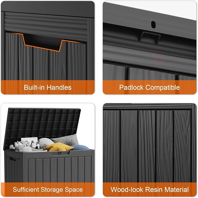 46 Gallon Waterproof Resin Outdoor Storage Box, Multifunctional Patio Deck Box, Weatherproof Outdoor Bin for Garden, Pool, Backyard & Porch Furniture Tools (Black, 46 Gallon)