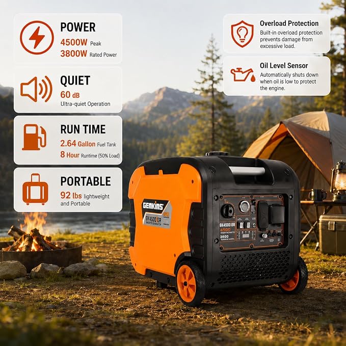 Genkins 4500W Portable Inverter Generator Gas Powered Pure Sine Wave Lightweight Quiet Electric and Remote Start Parallel Capability for Camping RV Home Backup