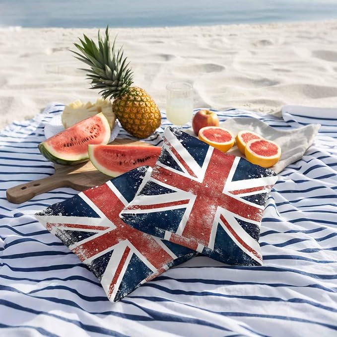 4th of July Outdoor Throw Pillows Covers 20x20 inch Set of 2 Waterproof British Flag Decorative Zippered Cushion Covers for Patio Furniture, Vintage Mottled National Flag Lumbar Pillowcases