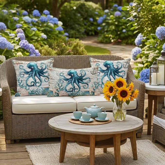 Teal Octopus Coastal Waterproof Outdoor Pillow Covers Set of 2 Home Decor, Summer Beach Nautical Starfish Retro Pillowcase Patio Pillow Covers for Couch Bench Furniture Garden 24x24in
