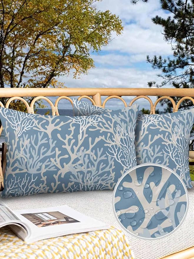 Outdoor Waterproof Throw Pillow Covers Set of 2 Teal Blue Coral Lumbar Pillowcases 20x12 Inches Nautical Coastal Marine Life Patio Decorative Pillows Cushion Case Patio Pillows for Couch Bed Garden