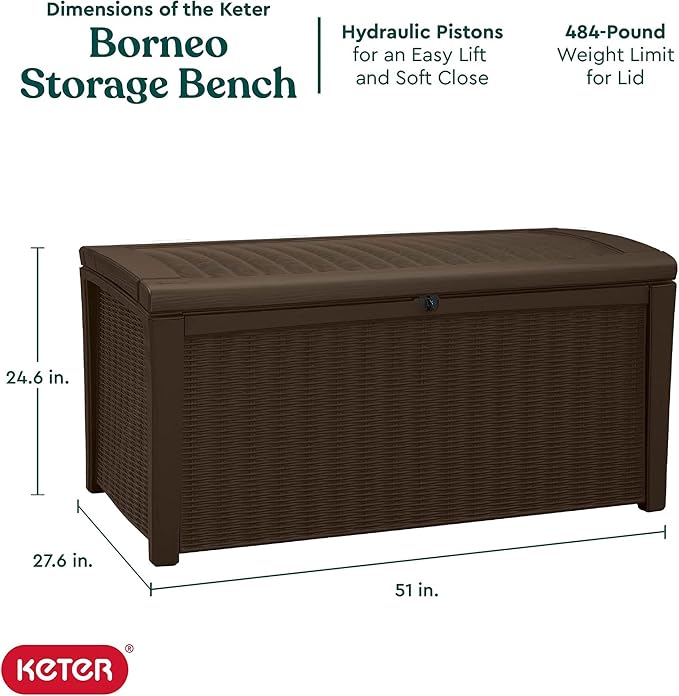 Keter 2-Pack Borneo 110 Gallon Deck Box Organizer, Doubles as 2-Person Bench Seat, Brown – Large Resin Outdoor Storage and Seating with Lockable Lid for Garden, Pool, and Patio