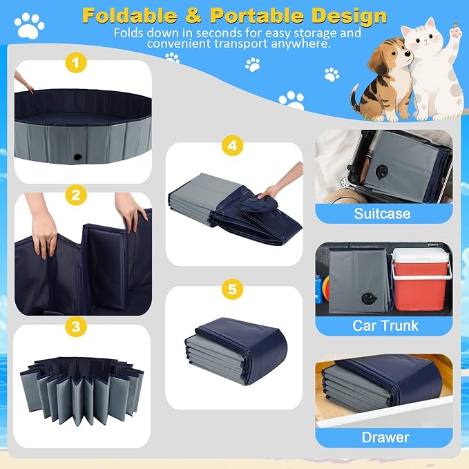 Eooqi Foldable Dog Pool, Collapsible Pet Bath Tub & Kiddie Wading Pool, Portable Hard-Side Dog Swimming Pool for Puppies, Small & Medium Dogs, Cats and Kids (Gray, 48"-L)