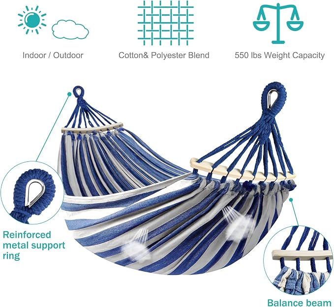 MOSFiATA Hammocks Portable Camping Hammock Upgraded 550lb Comfortable Fabric Hammock with Two Anti Roll Balance Beam and Sturdy Metal Knot Tree Straps for Camping, Patio, Backyard, Outdoor(Blue White)