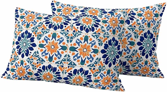 Retro Abstract Geometric Outdoor Pillow Covers Set of 2 Orange Blue Floral Texture Waterproof Throw Pillow Cover Decorative Cushion Cases for Patio Porch Garden 20X12 Inch