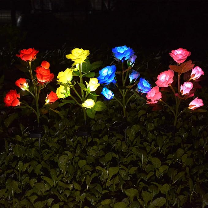 [Upgraded 6 Flowers]Solar Powered Artificial Rose Flower Lights,Waterproof Outdoor Garden Accent Lighting for Summer Country Field Yard Pathway Balcony Memorial Cemetery Gravesite Decorations, Yellow