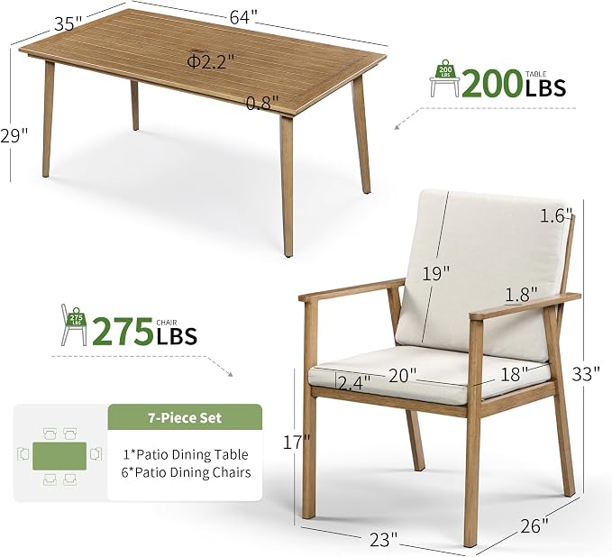 7 Pieces Patio Dining Set for 6, Never-Rust Aluminum Outdoor Table and Chairs Set with Cushions, Modern Patio Furniture with Umbrella Hole, 6 Pario Chairs & Table for Backyard Deck Pool, Teak