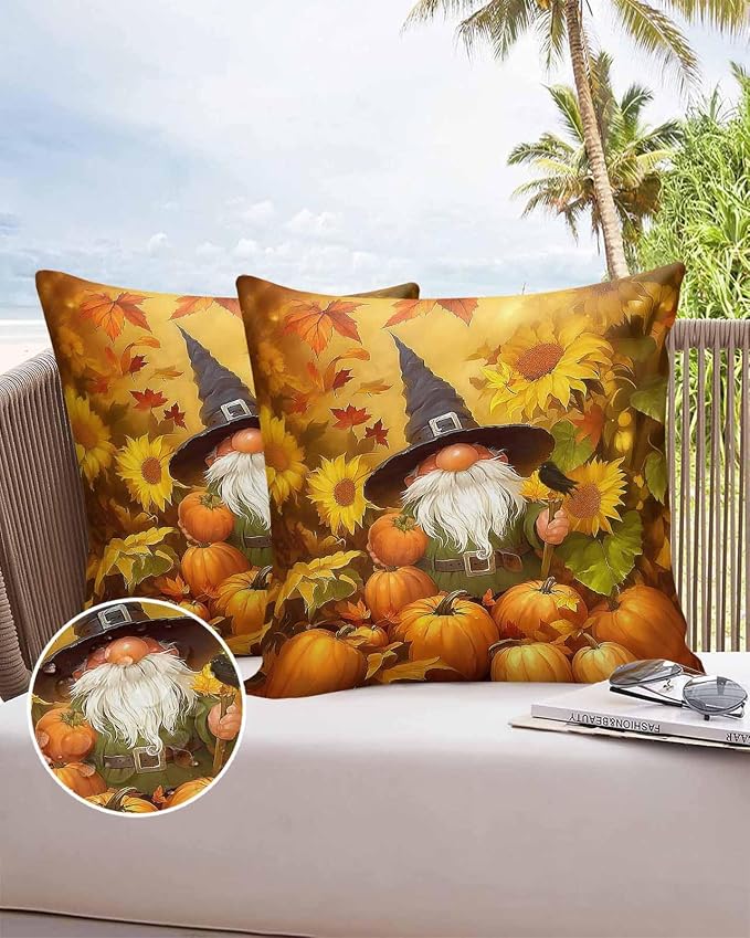 Outdoor Waterproof Throw Pillow Covers 24x24in, Fall Harvest Pumpkins Gnome Cushions for Garden Patio Furniture Chairs Set of 2, Thanksgiving Sunflowers Home Decor Couch Sofa Polyester Pillow Cases
