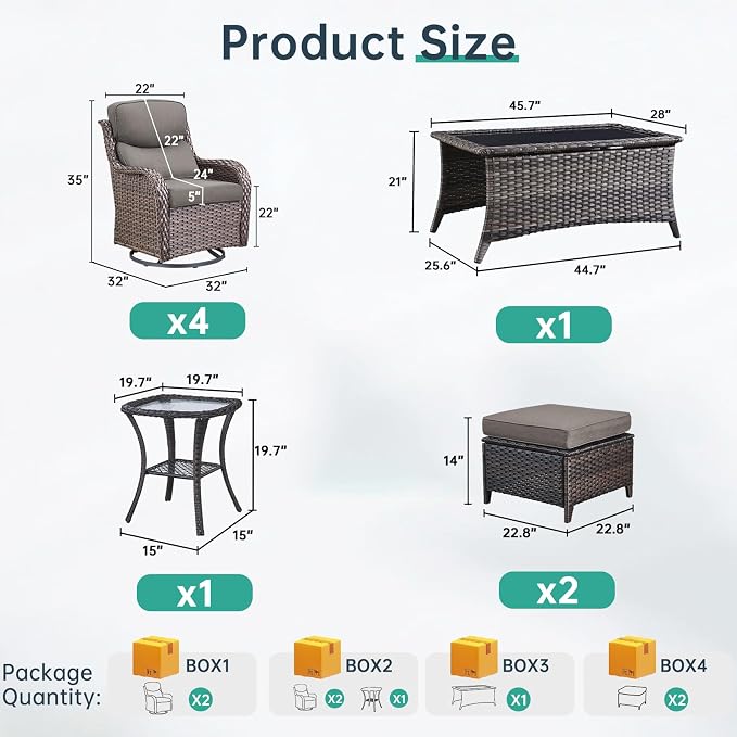 Outdoor Swivel Rocker Patio Chairs Set of 4 with Ottoman Coffee Table - 5" Thick Cushion 8 Piece Furniture Set All Weather Comfortable Wicker Conversation Set for Porch Deck - Brown/Gray