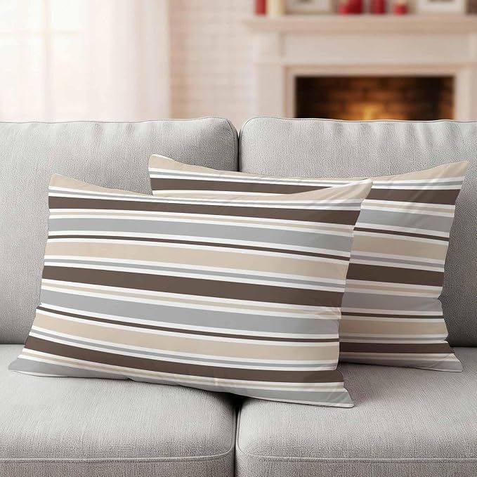 Khaki Grey Striped Outdoor Pillow Cover 12x20 Inch Cushion Sham Case, Farmhouse Stripes Modern Abstract Art Waterproof Decorative Square Throw Pillowcase for Outside Garden Patio Porch Couch Chair