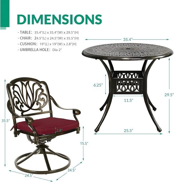 VIVIJASON 5-Piece Outdoor Patio Dining Set, All-Weather Cast Aluminum Conversation Set, Patio Furniture Set, Include 4 Swivel Dining Chairs, a 35.4" Round Table w/Umbrella Hole, Red Cushion