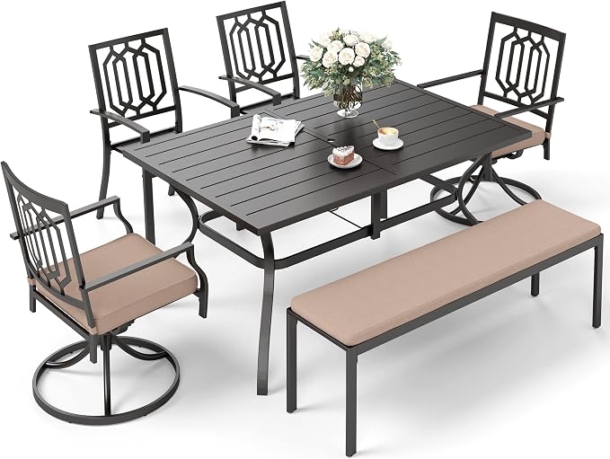 SUNSHINE VALLEY Patio Dining Set,60x38 Outdoor Table w/Umbrella Hole | Outdoor Table and Chairs Set w/ Umbrella Hole, 2 Leg Chairs, 2 Swivel Chairs, 1 Metal Table and 1 Cushioned Bench