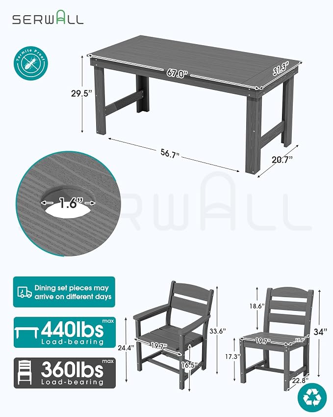 SERWALL HDPE Outdoor Dining Table and Chairs Set for 6 | with Armless Chair Seat