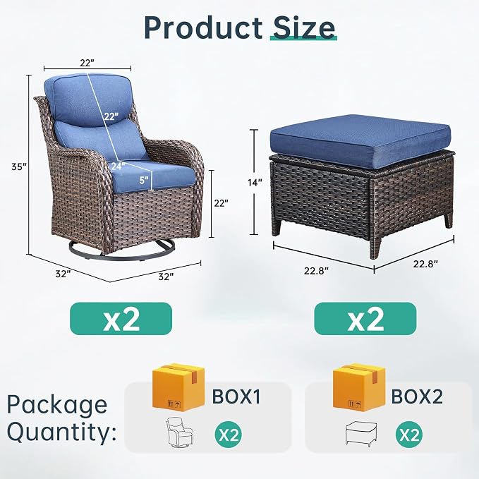 Outdoor Swivel Rocker Patio Chairs with 2 Ottomans - 5" Thick Cushion 4 Piece Furniture Set All Weather Comfortable Wicker Conversation Set for Porch Poolside and Deck - Brown-Blue