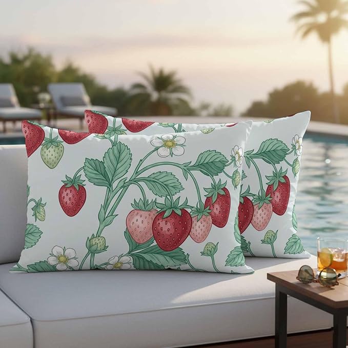 Strawberry Leaves Outdoor Pillow Covers 20"x12" Set of 2, Watercolor Red Pink Fruit Floral Mint Green Waterproof Throw Pillow Covers for Patio Furniture, Decorative Cushion Covers for Porch