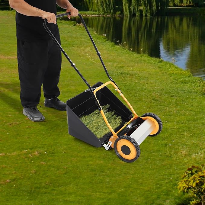 Push Reel Lawn Mower 14 inch, 5 Blades Manual Push Mower with Grass Catcher Bag, 0.47-1.65 in Adjustable Cutting Height for Small Medium Lawns, Yards, Driveways