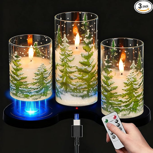 Wondise Rechargeable Christmas Glass Flameless Candles with Remote Timer, Battery Operated LED Real Wax 3D Wick Candles with Charging Base, Set of 3 Christmas Home Decoration Gifts(3 x 4 5 6 Inch)