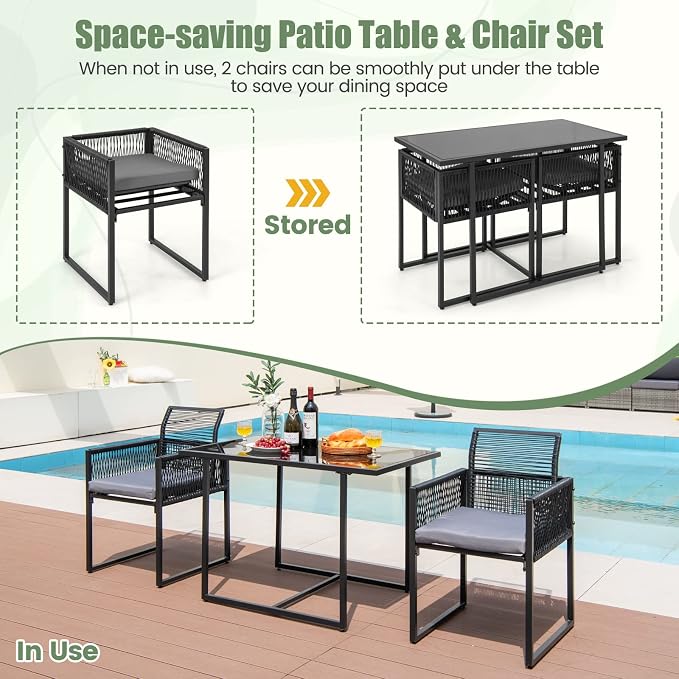 DORTALA Wicker Outdoor Bistro Set 3 Piece, Small Patio Furniture Dining Set with with Cushions, Tempered Glass Tabletop, All- Weather Table and Chairs for Backyard, Balcony, Poolside, Black+Grey